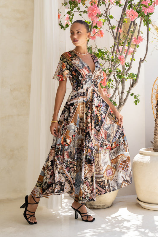 Heychic Alessia Abstract V-Neck Midi Dress (Black)