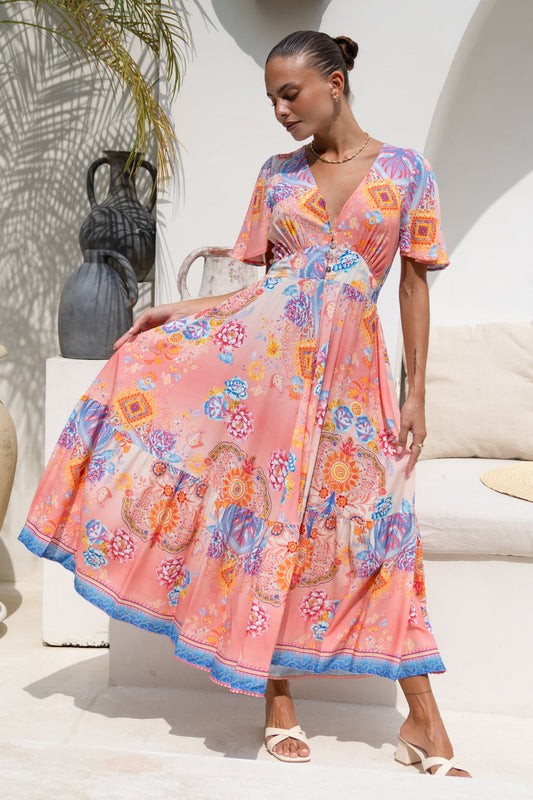 Image of Dresses. Productname: Heychic Serafina Pink Blue Boho V-Neck Midi Dress in Blue colour by brand - Heychic