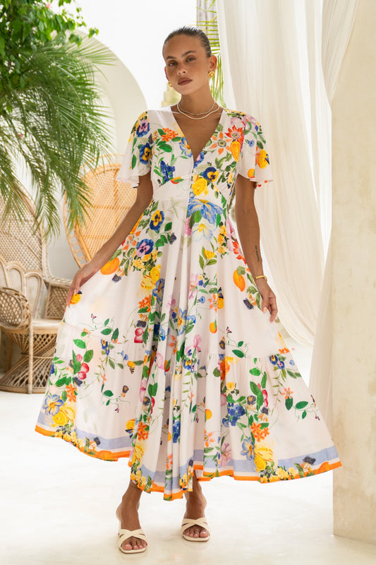 Image of Dresses. Productname: Felicity Orange Floral V-Neck Midi Dress in Floral colour by brand - Heychic