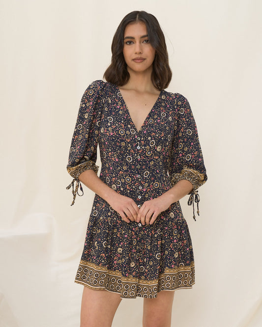 HEYCHIC Celestine Dark Blue Floral Boho Mini Dress (Navy)