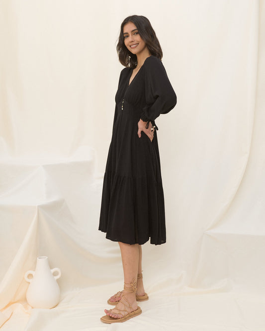 HEYCHIC Lenora Long Sleeve Midi Dress (Black)