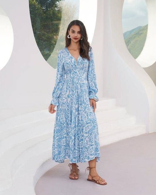 Heychic Skyra Boho Long Sleeve Midi Dress (Blue)