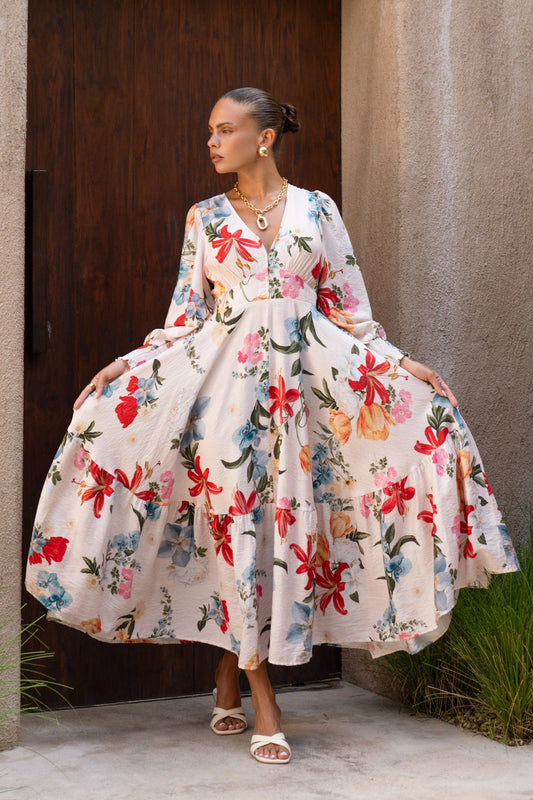 Image of Dresses. Productname: Joyce Multicolour Floral Long Sleeve V-Neck Maxi Dress in Floral colour by brand - Heychic