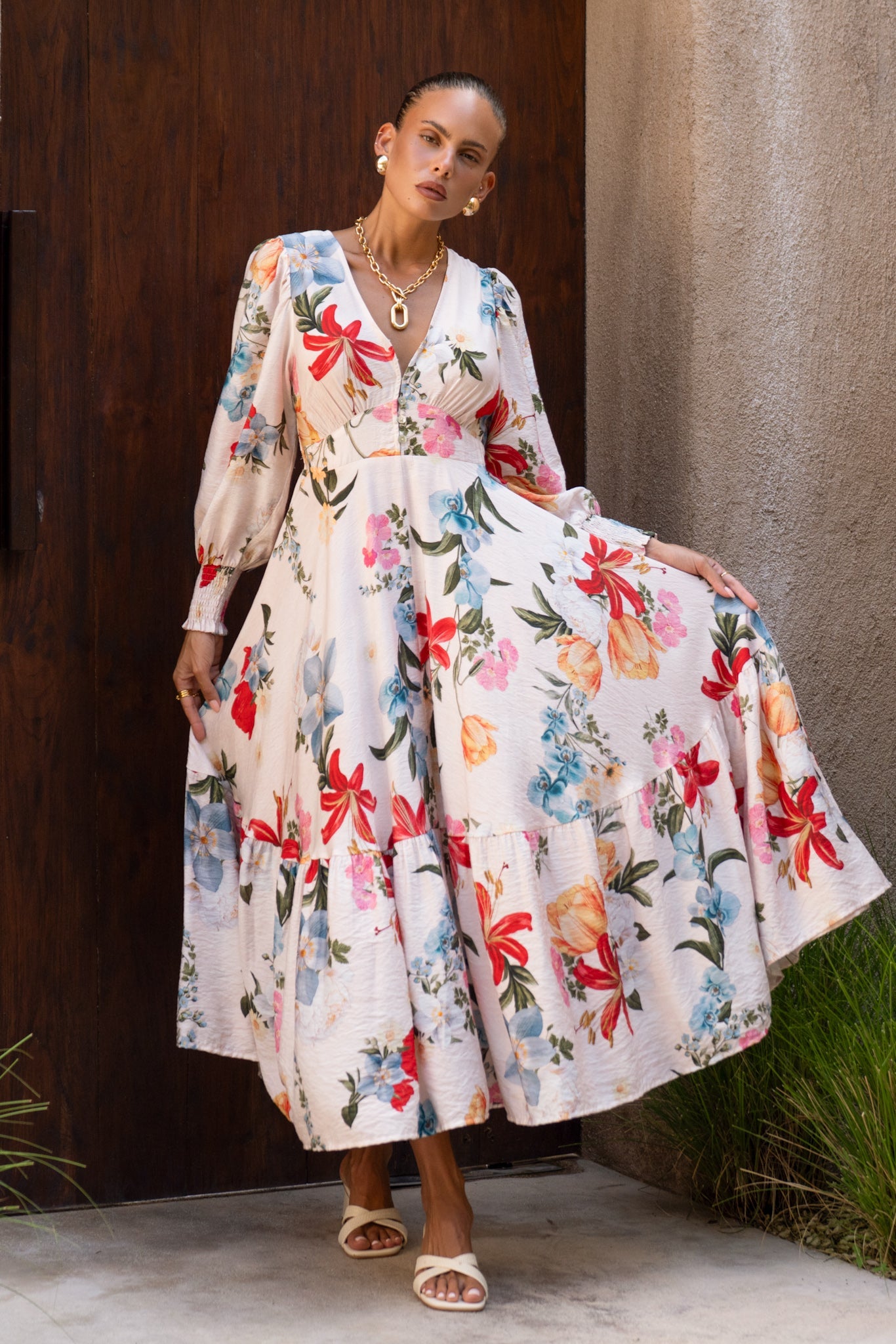 Heychic Joyce Multicolour Long Sleeve V-Neck Maxi Dress (Floral)