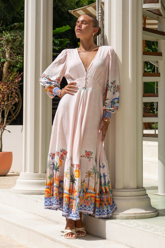 Image of Dresses. Productname: Heychic Zoraida Multicolour Tropical Long Sleeve V-Neck Maxi Dress in Multi colour by brand - Heychic