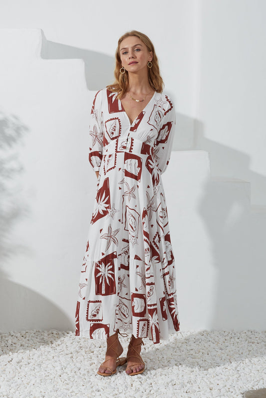Image of Dresses. Productname: Heychic Mira Sea Shells Tropical V-Neck Maxi Dress in Brown colour by brand - Heychic