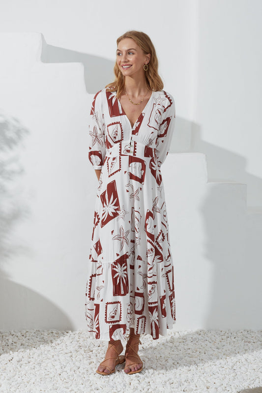 Heychic Mira Sea Shells Tropical V-Neck Maxi Dress (Brown)