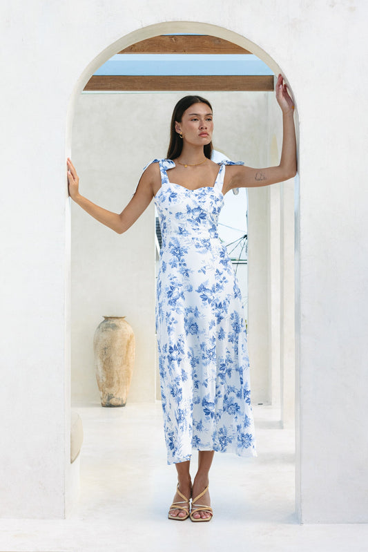 Image of Dresses. Productname: Heychic Rosette Floral Tie Midi Dress in Blue colour by brand - Heychic