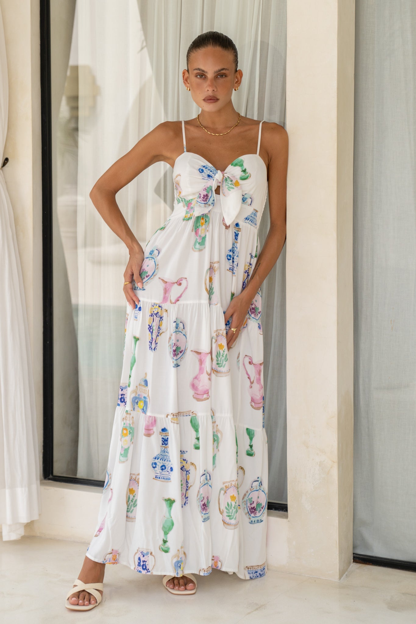 Image of Dresses. Productname: Heychic Elysiana Multicolour Abstract Tie Detail Tiered Maxi Dress in Multi colour by brand - Heychic