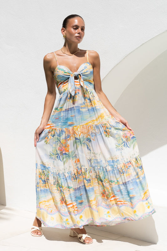 Image of Dresses. Productname: Heychic Solmar Multicolour Abstract Tie Detail Tiered Maxi Dress in Multi colour by brand - Heychic