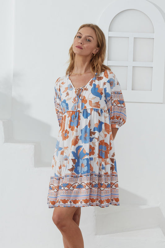 Heychic Sophia Blue Floral Boho Mini Dress (Orange)