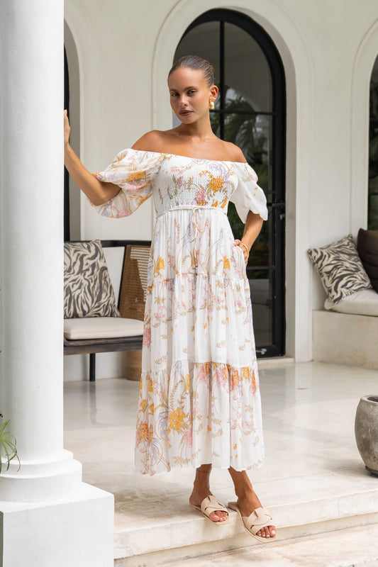 Image of Dresses. Productname: Heychic Emmeline Floral Puff Sleeve Midi Dress in Yellow colour by brand - Heychic
