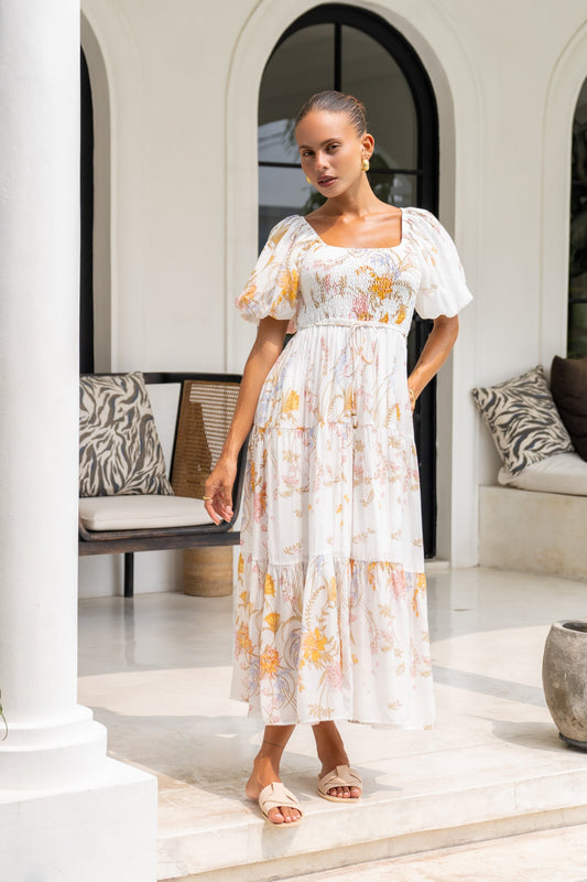 Heychic Emmeline Floral Puff Sleeve Midi Dress (Yellow)