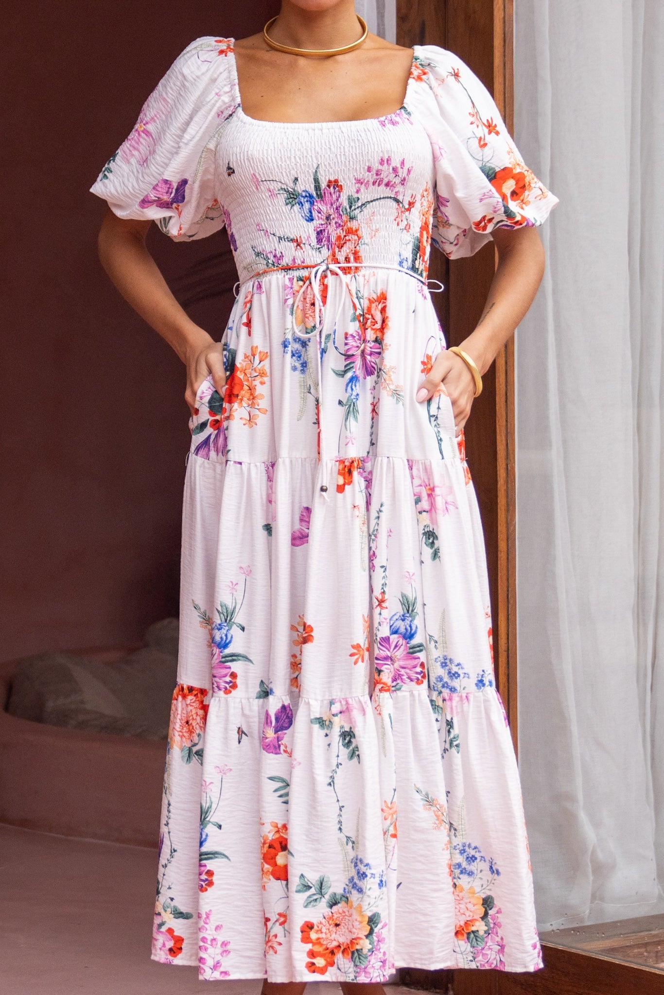 HEYCHIC Lorelai Multicolour Floral Puff Sleeve Midi Dress (Multi)