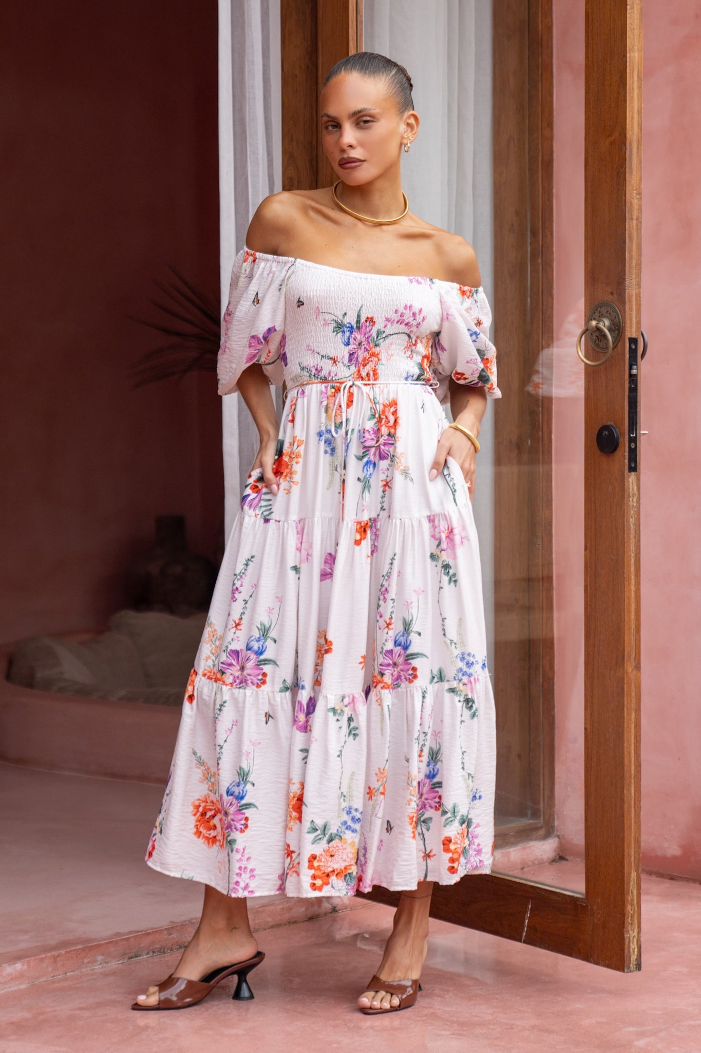 HEYCHIC Lorelai Multicolour Floral Puff Sleeve Midi Dress (Multi)