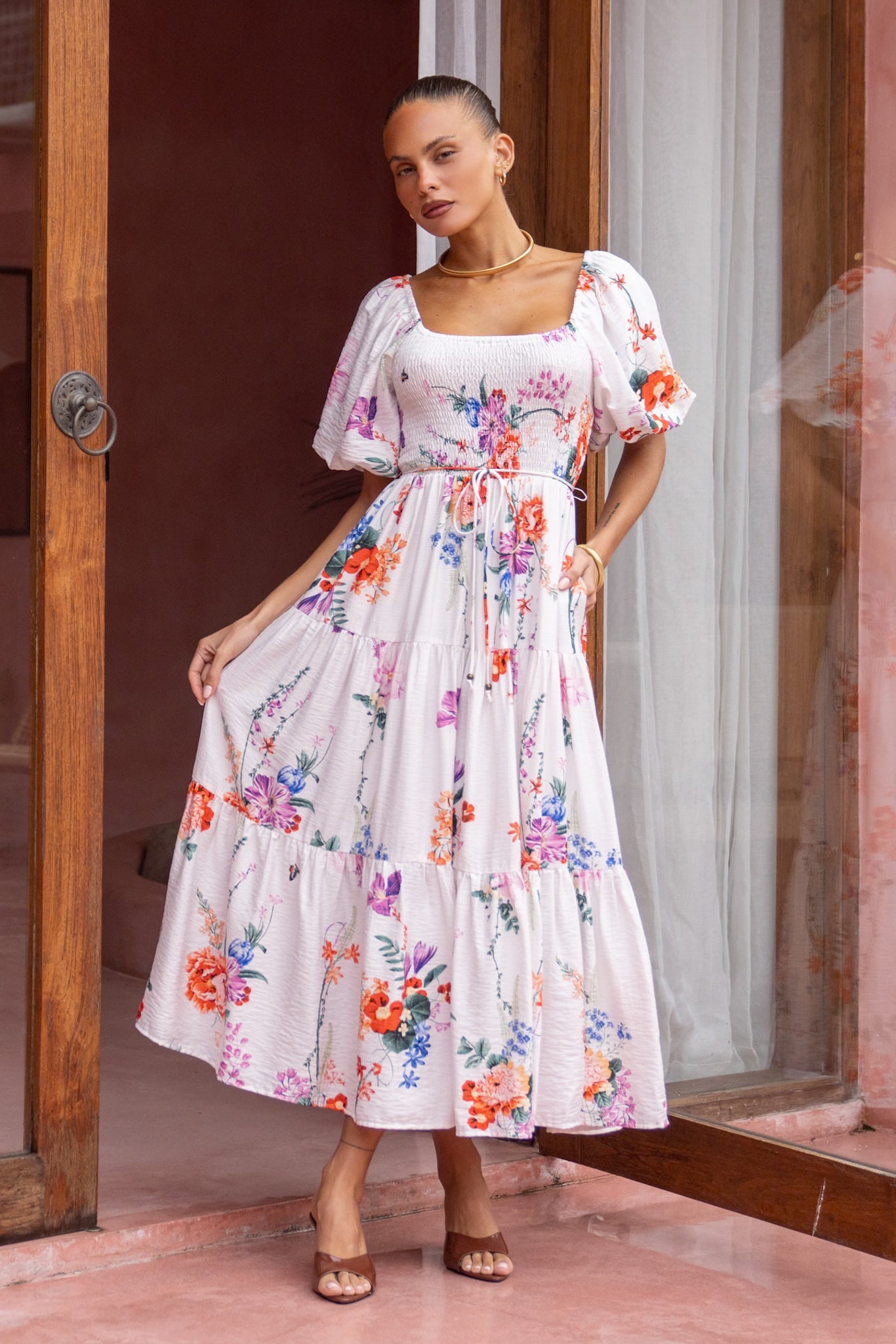 Image of Dresses. Productname: HEYCHIC Lorelai Multicolour Floral Puff Sleeve Midi Dress in Multi colour by brand - HEYCHIC