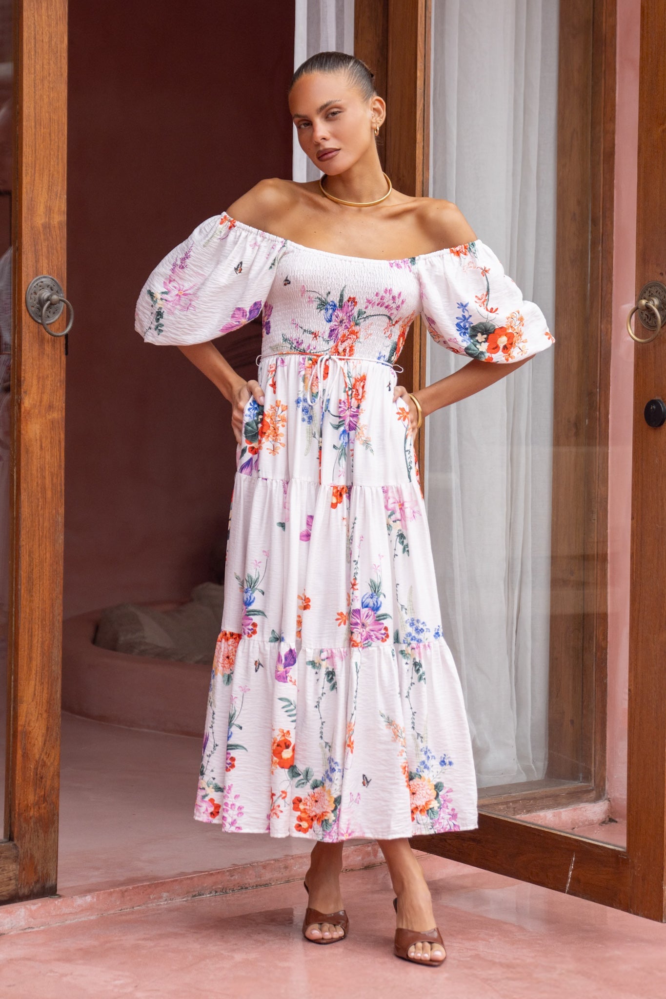 HEYCHIC Lorelai Multicolour Floral Puff Sleeve Midi Dress (Multi)