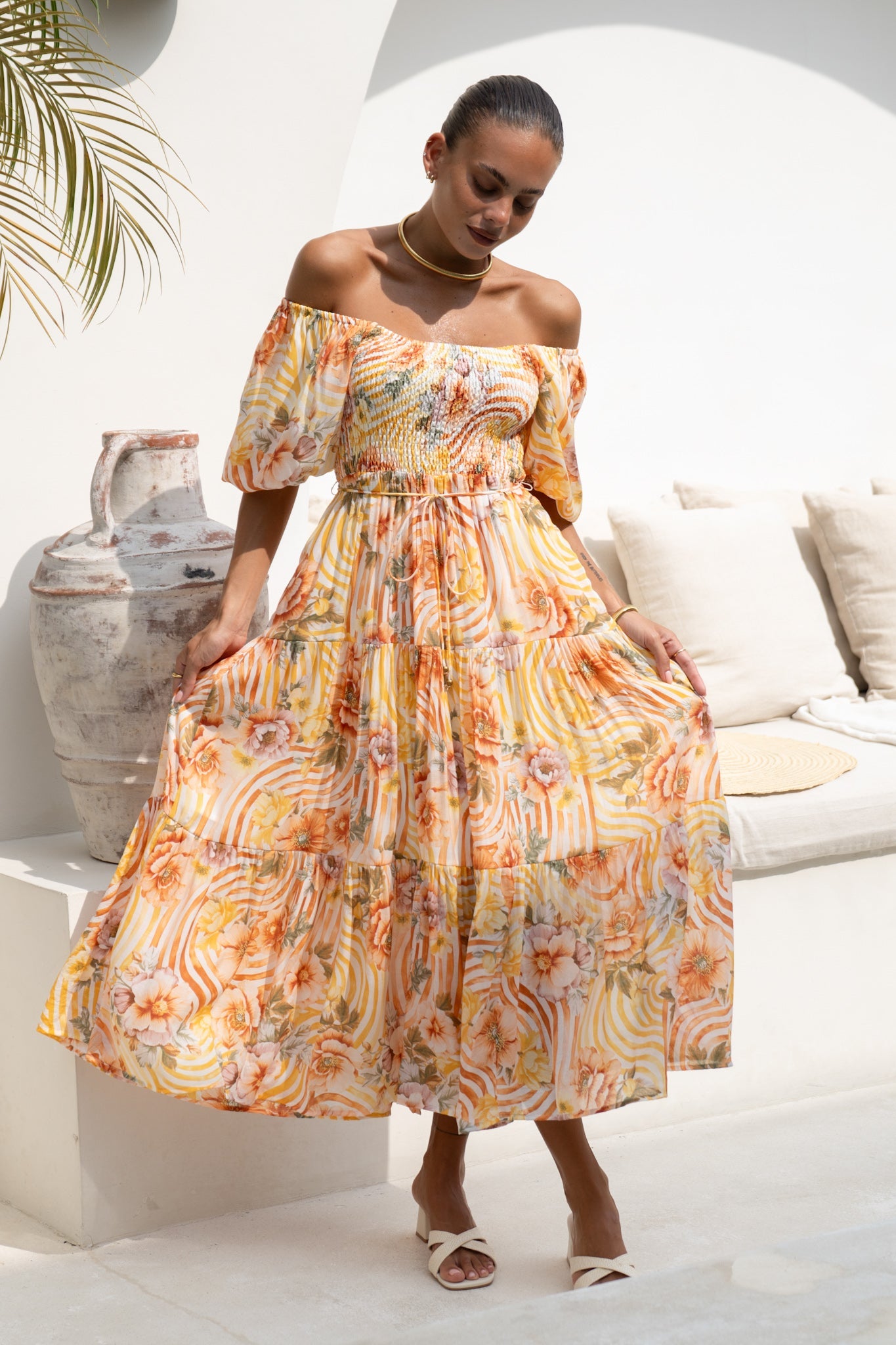 Heychic Auriel Orange Puff Sleeve Midi Dress (Floral)