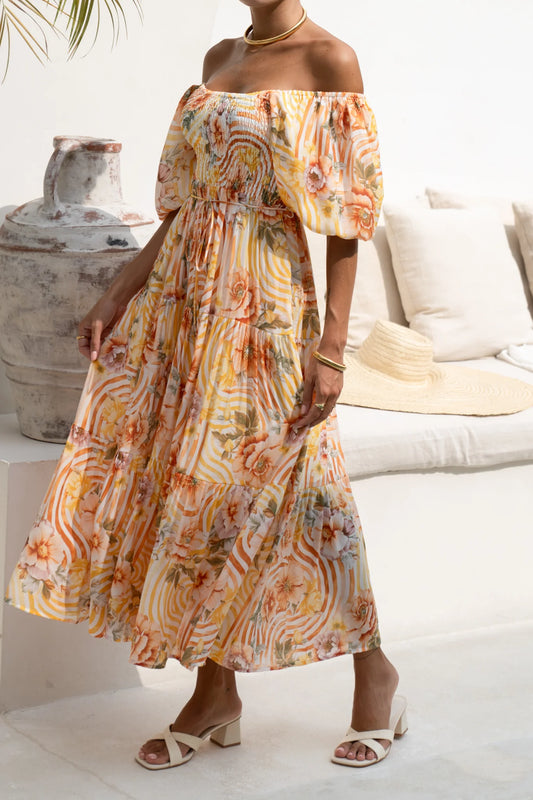 Heychic Auriel Orange Puff Sleeve Midi Dress (Floral)