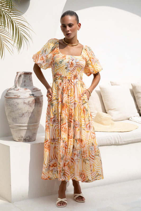 Image of Dresses. Productname: Auriel Orange Floral Puff Sleeve Midi Dress in Floral colour by brand - Heychic