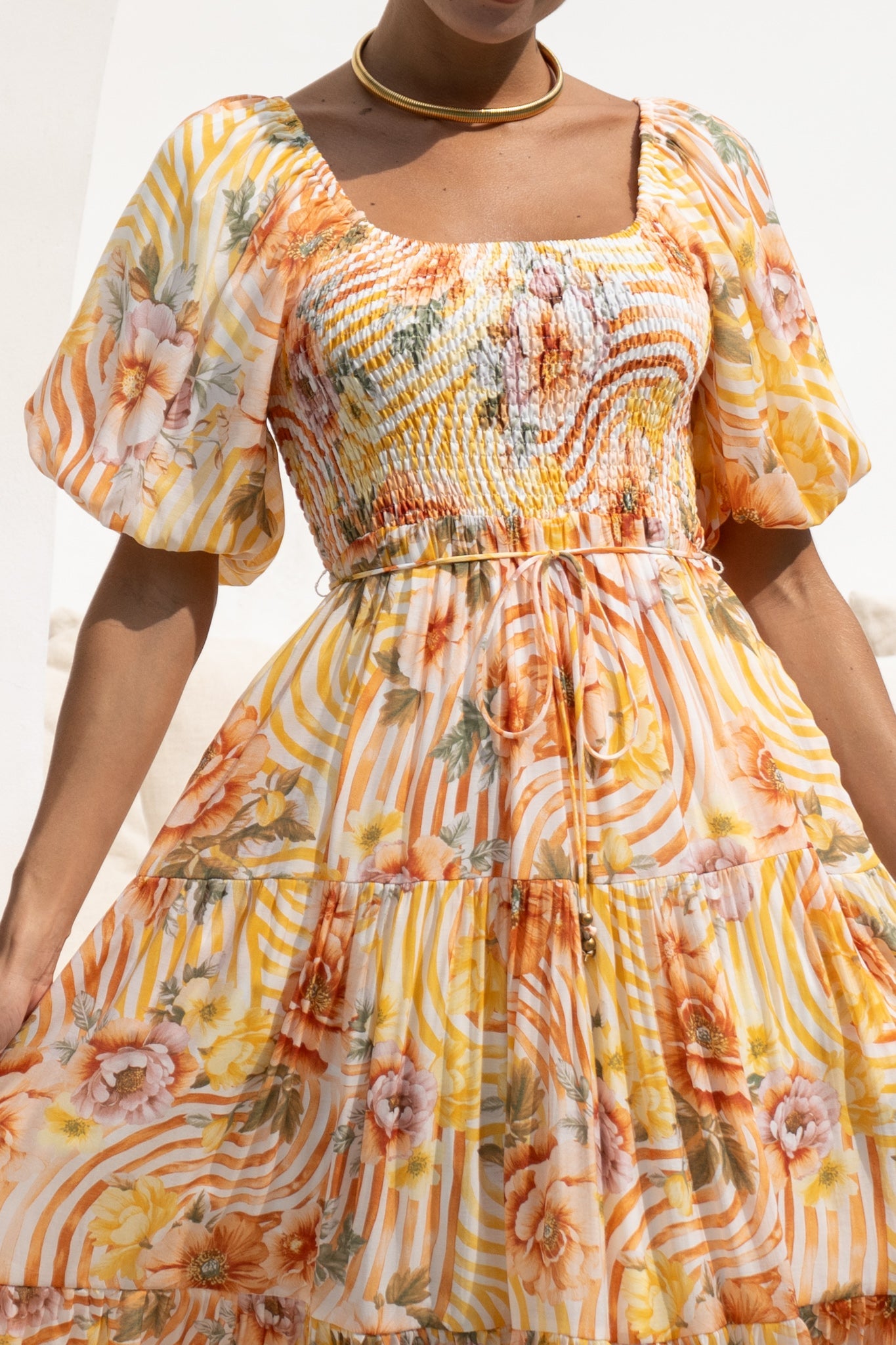 Heychic Auriel Orange Puff Sleeve Midi Dress (Floral)