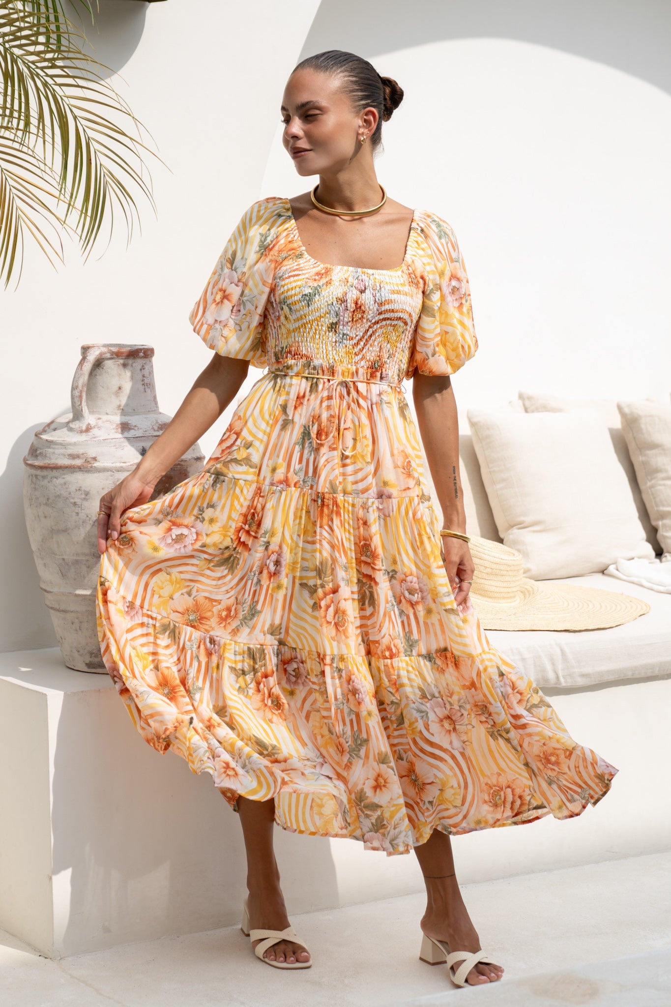 Heychic Auriel Orange Puff Sleeve Midi Dress (Floral)