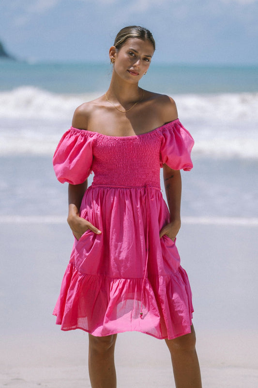 Image of Dresses. Productname: HEYCHIC Brielle Pink Puff Sleeve Mini Dress in Hot colour by brand - HEYCHIC