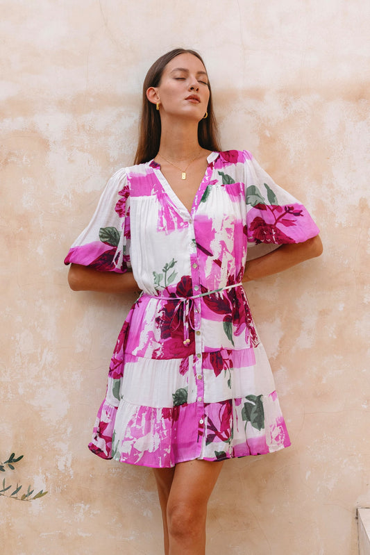 Image of Dresses. Productname: Heychic Roselyn Floral Tiered Button Down Mini Dress in Pink colour by brand - Heychic