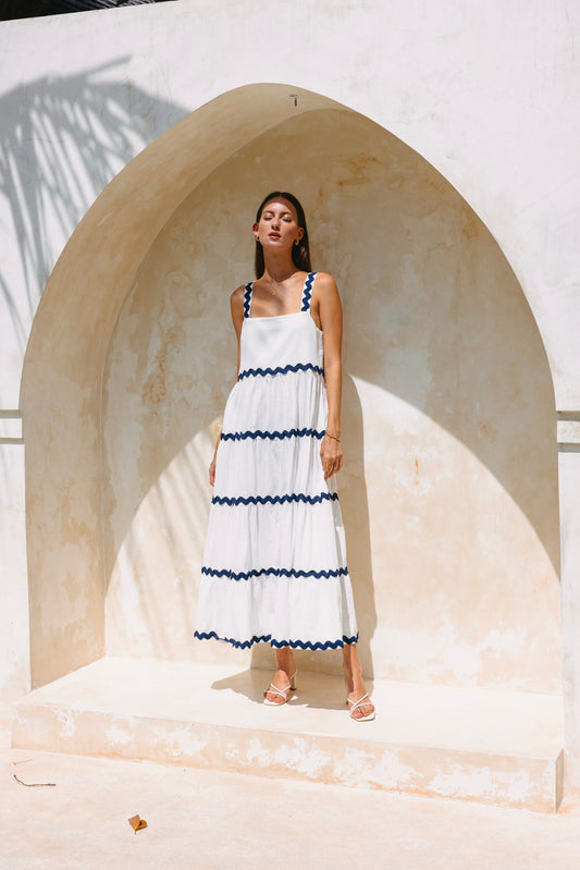 Heychic Kalliope Navy Ric Rac Tiered Maxi Dress (White)