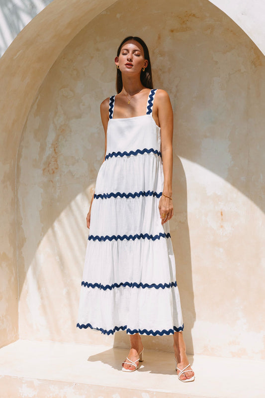 Image of Dresses. Productname: Heychic Kalliope Navy Ric Rac Tiered Maxi Dress in White colour by brand - Heychic