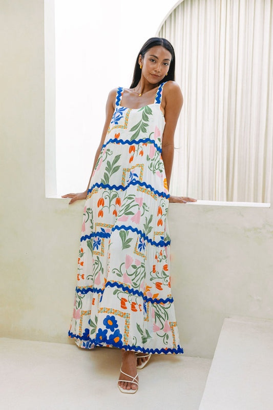 Image of Dresses. Productname: Calantha Multicolour Floral Ric Rac Tiered Maxi Dress in Floral colour by brand - Heychic