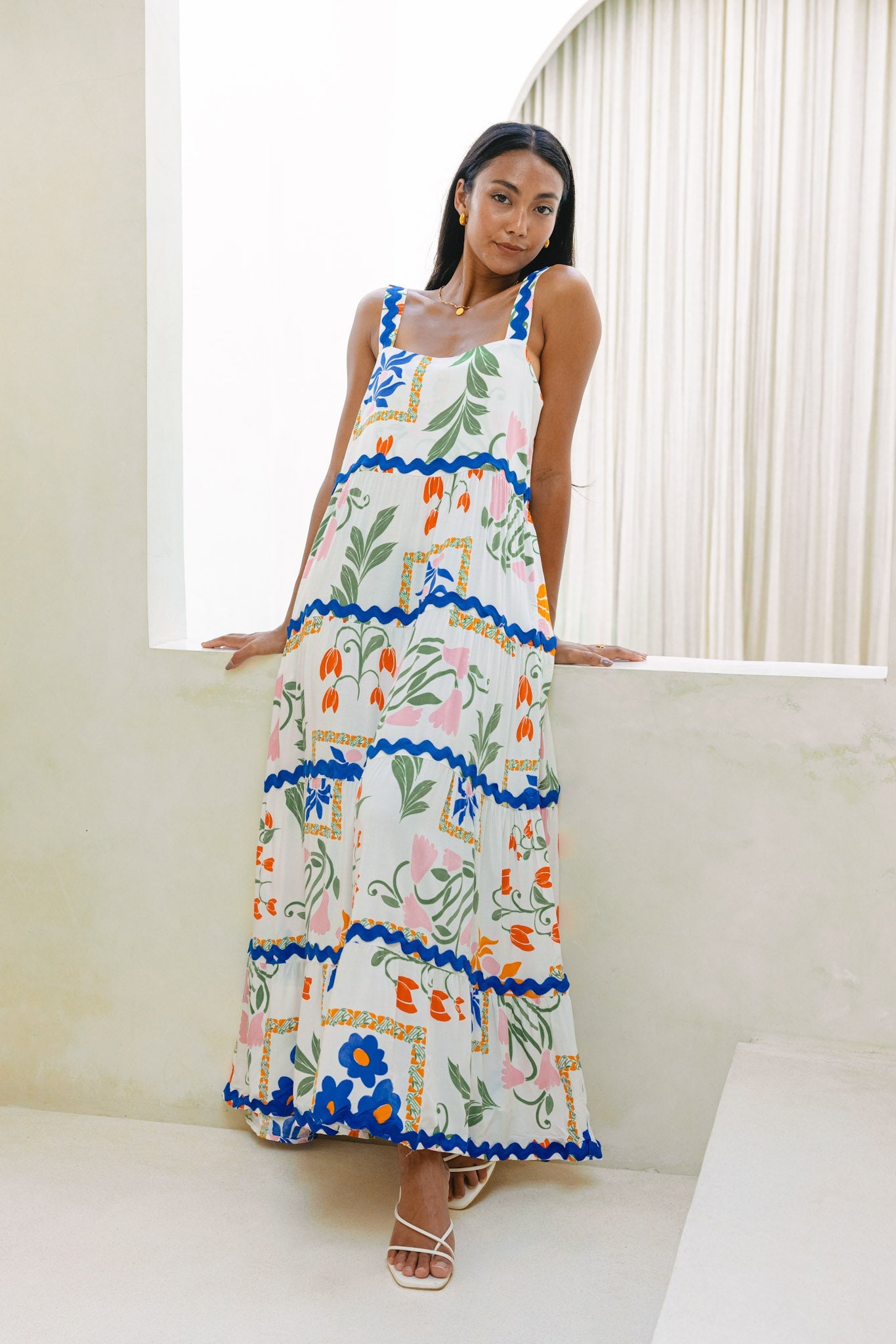 Image of Dresses. Product name - Calantha Multicolour Floral Ric Rac Tiered Maxi Dress in Floral colour by brand - Heychic