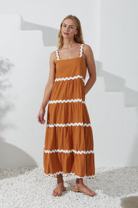Image of Dresses. Productname: Heychic Kalliope White Ric Rac Tiered Maxi Dress in Tan colour by brand - Heychic