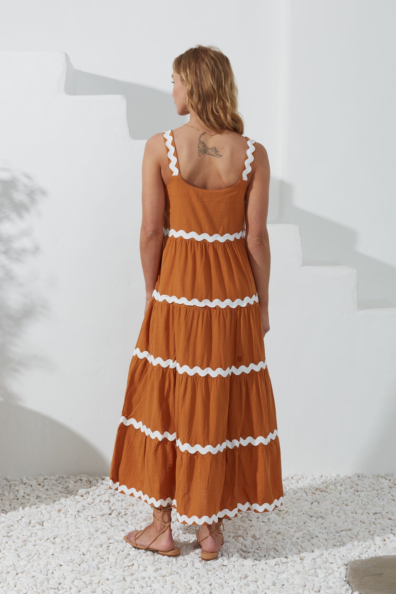 Heychic Kalliope White Ric Rac Tiered Maxi Dress (Tan)