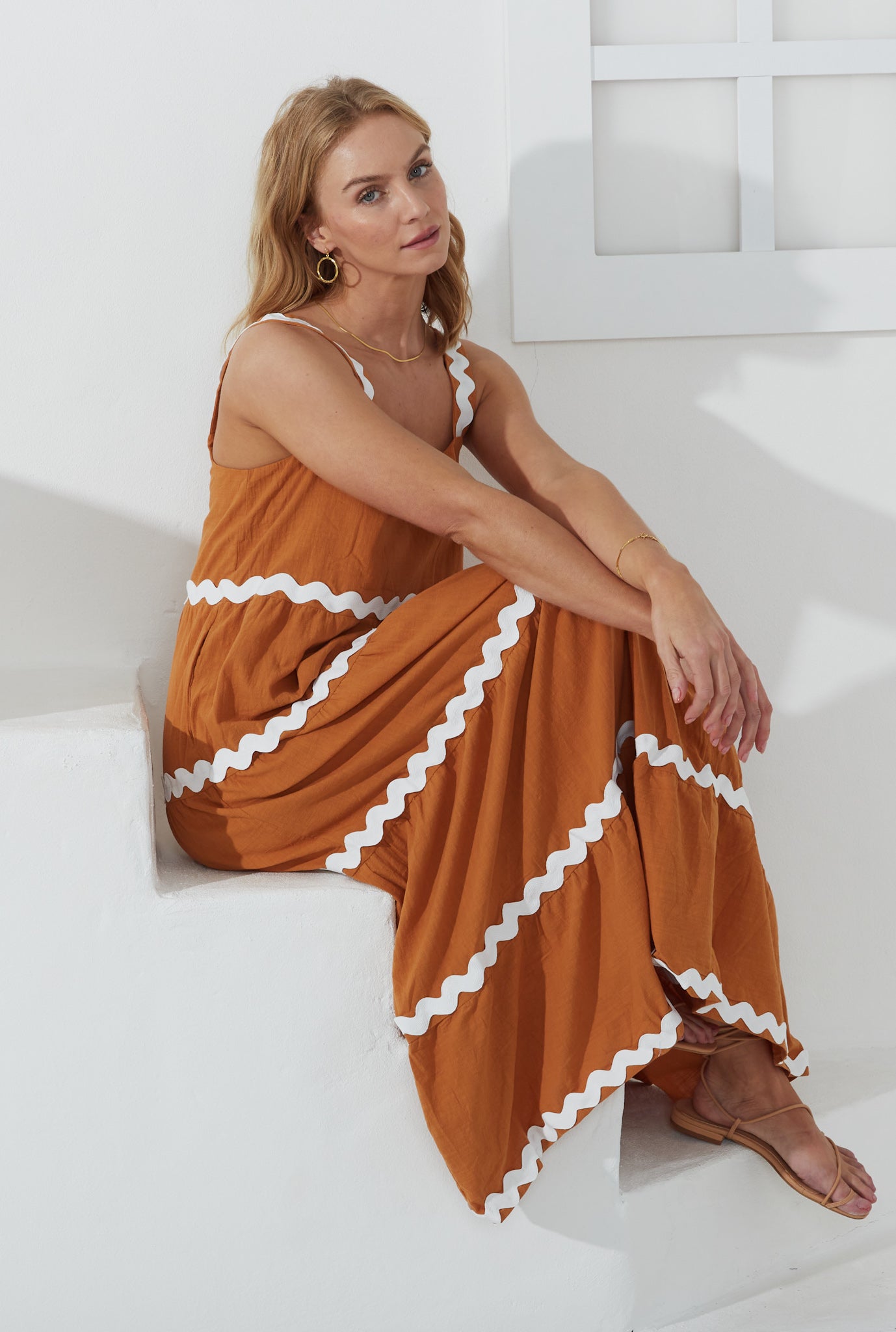 Heychic Kalliope White Ric Rac Tiered Maxi Dress (Tan)