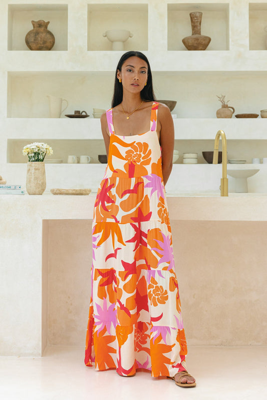 Image of Dresses. Productname: Heychic Calinda Abstract Tiered Maxi Dress in Orange colour by brand - Heychic