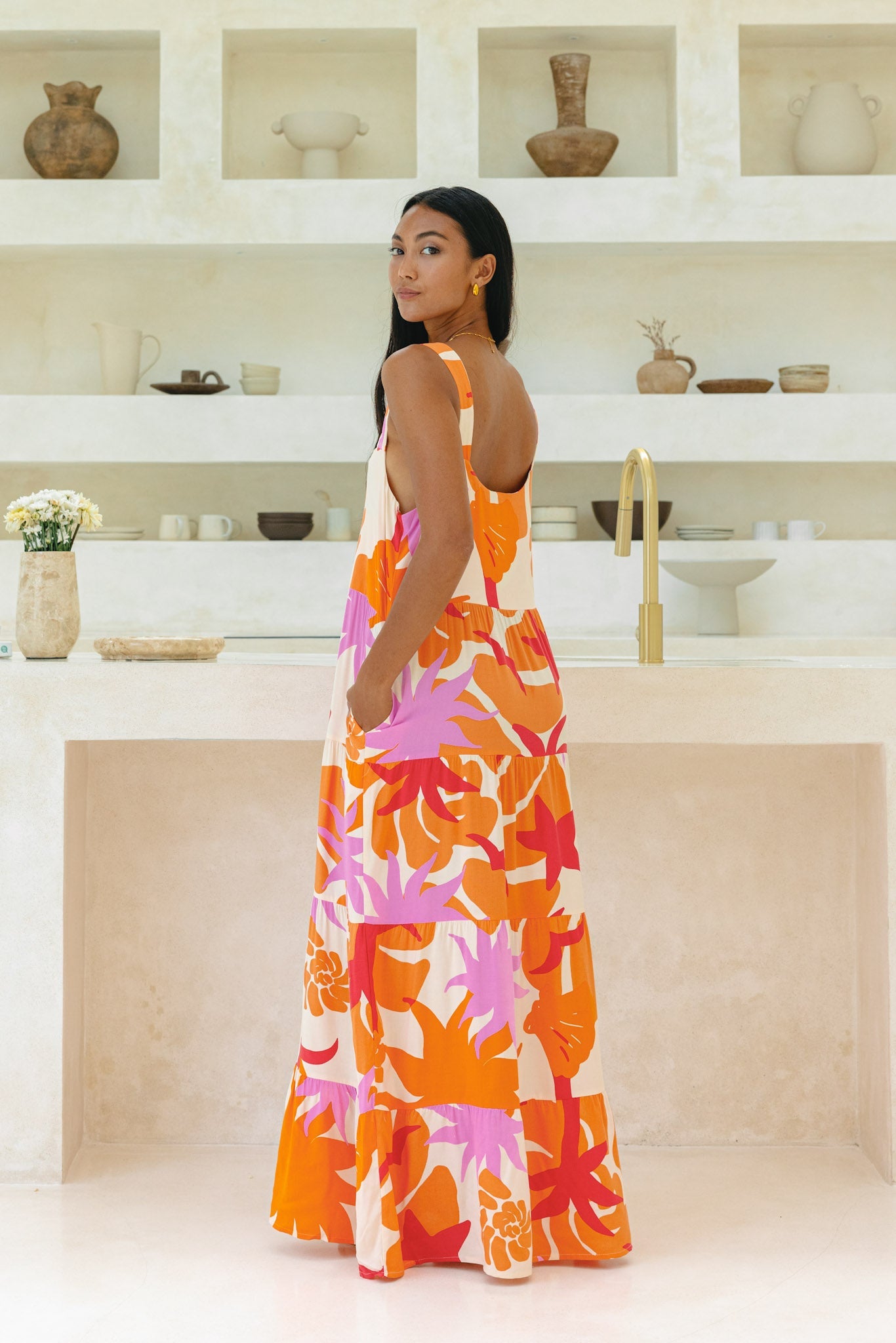 Heychic Calinda Abstract Tiered Maxi Dress (Orange)