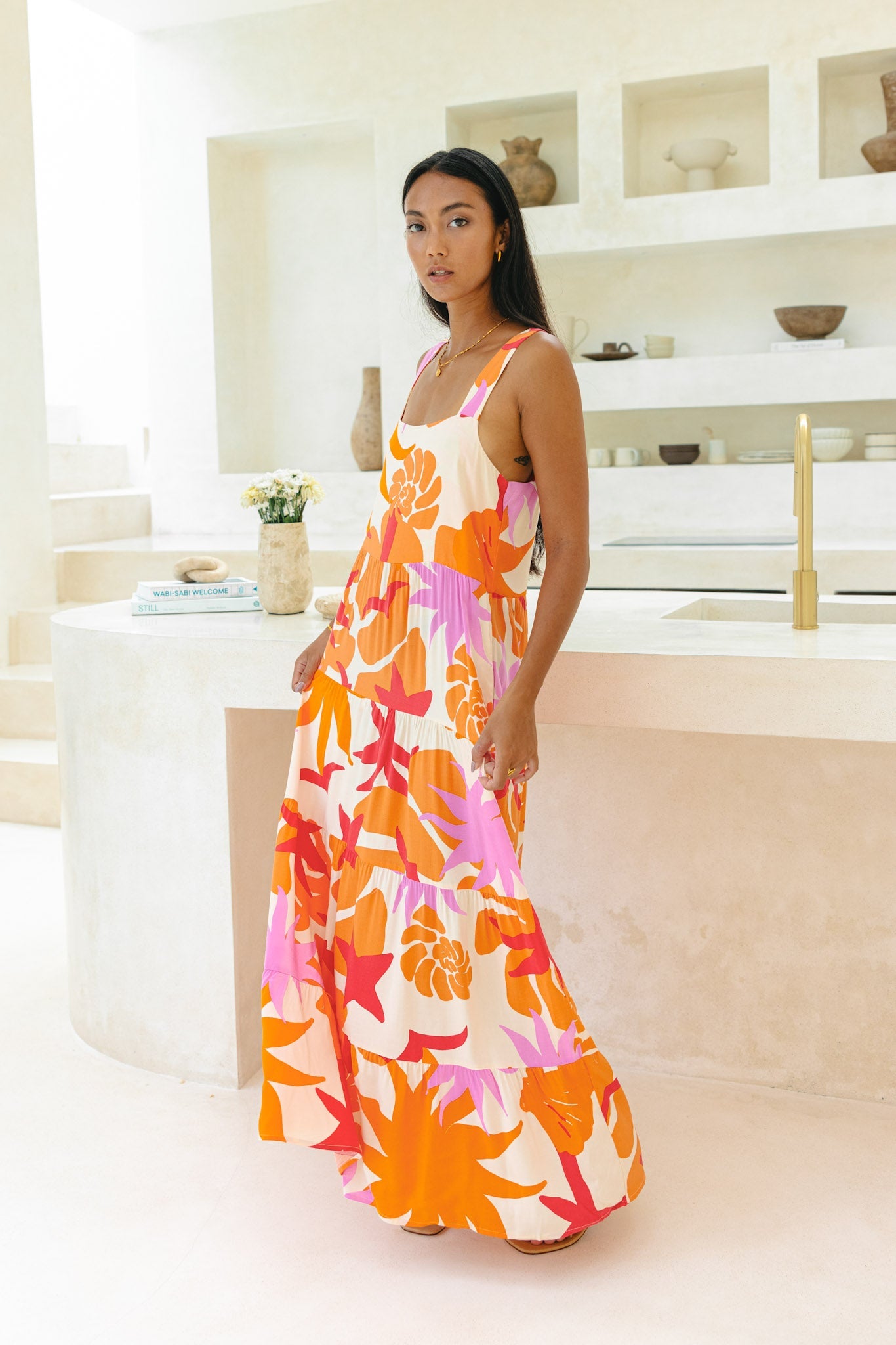 Heychic Calinda Abstract Tiered Maxi Dress (Orange)