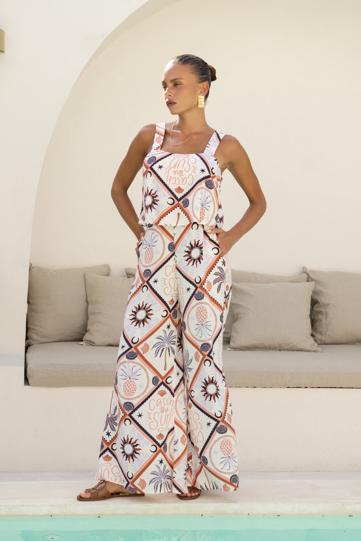 Heychic Kalani Abstract Tile Jumpsuit (Brown)