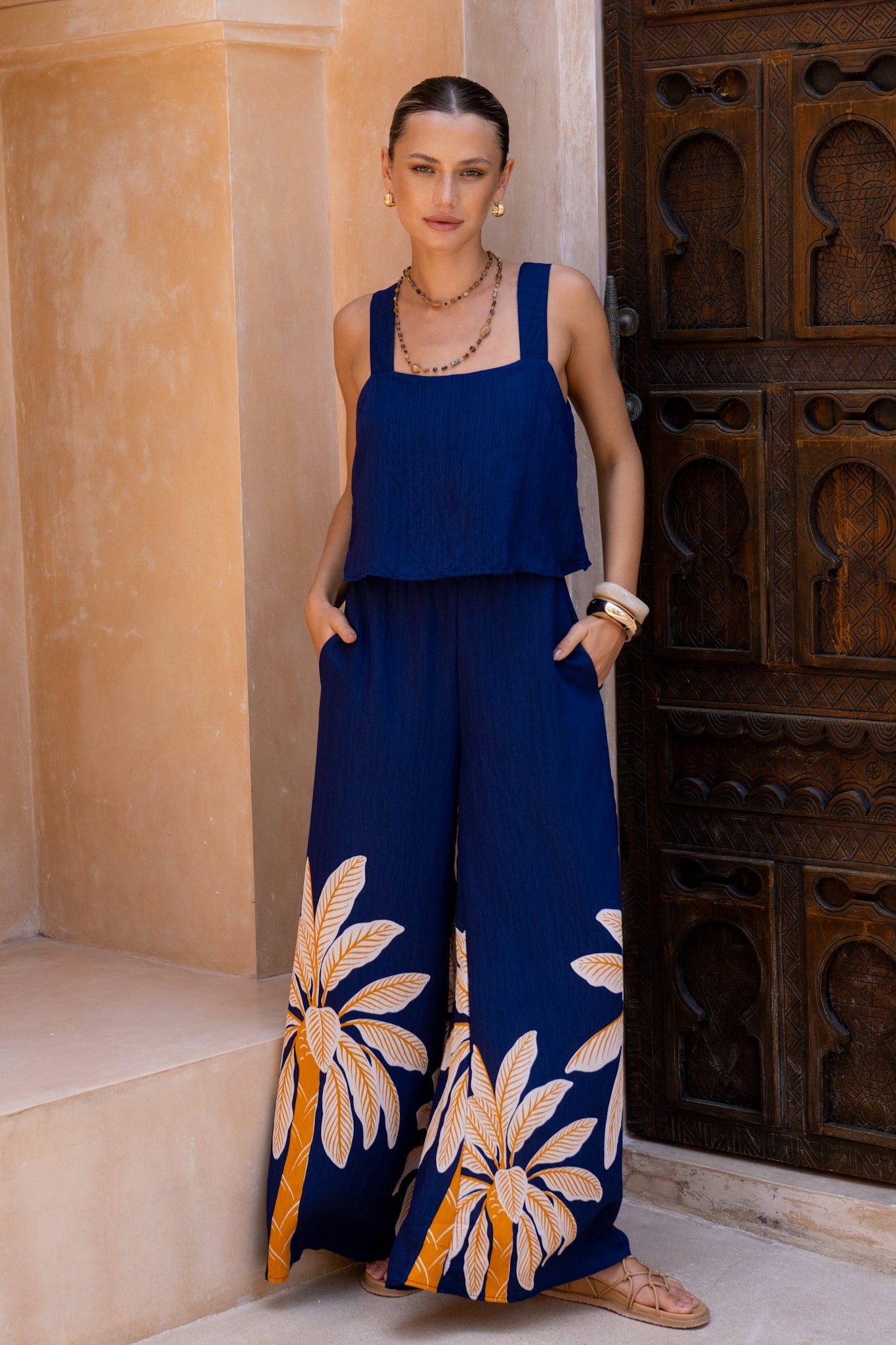 HEYCHIC Leilani Gold Tropical Jumpsuit (Navy)