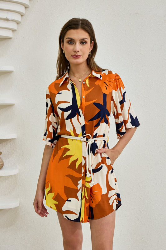Image of Dresses. Productname: Heychic Esmeralda Abstract Belted Mini Dress in Orange colour by brand - Heychic
