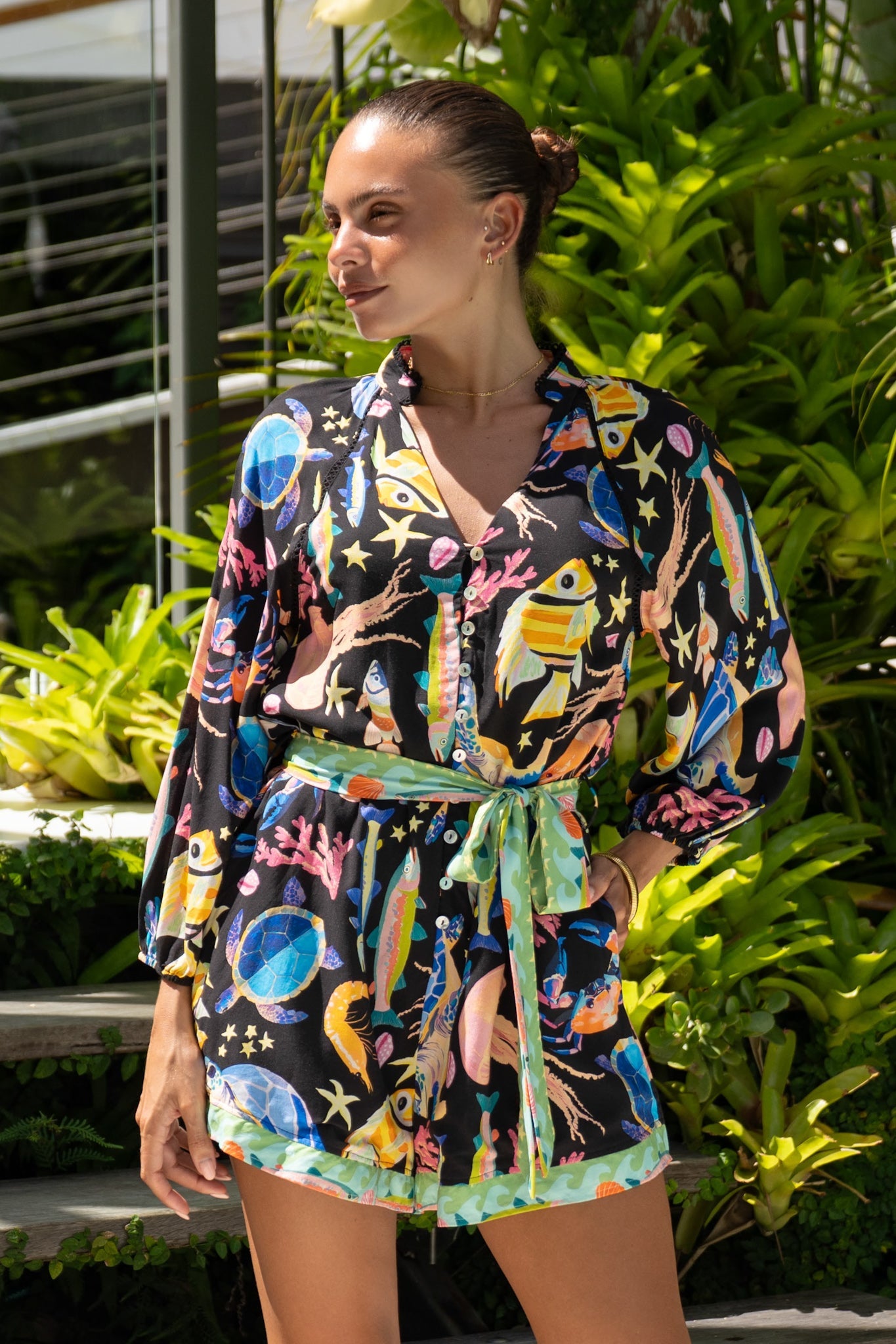 Image of a model wearing Outerwear. Productname: Heychic Delmare Multicolour Abstract Playsuit in Multi colour by brand - Heychic