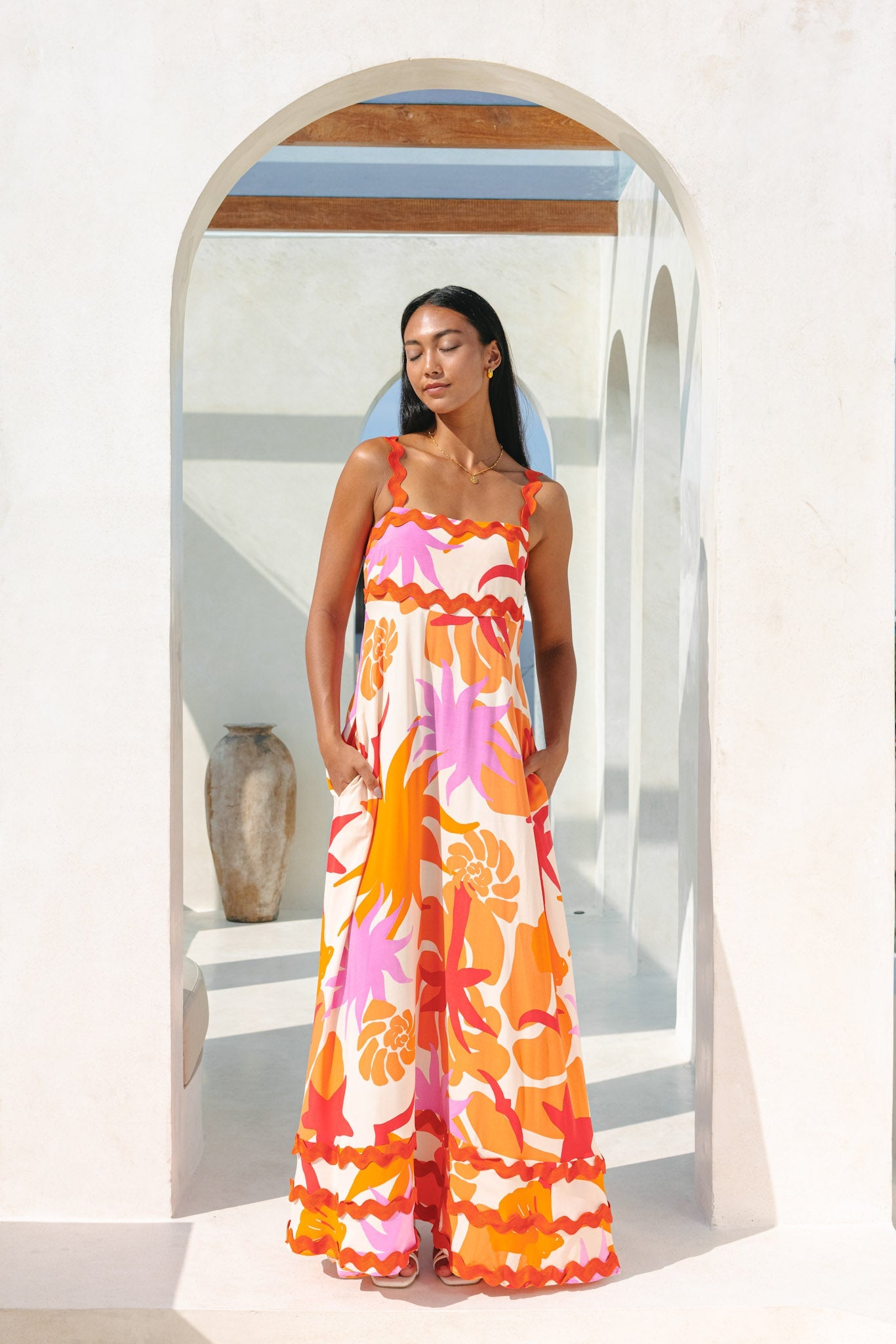 Image of Dresses. Productname: Heychic Calinda Orange Abstract Ric Rac Maxi Dress in Orange colour by brand - Heychic