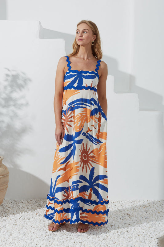 Image of Dresses. Productname: Heychic Tropicana Orange Abstract Ric Rac Maxi Dress in Blue colour by brand - Heychic
