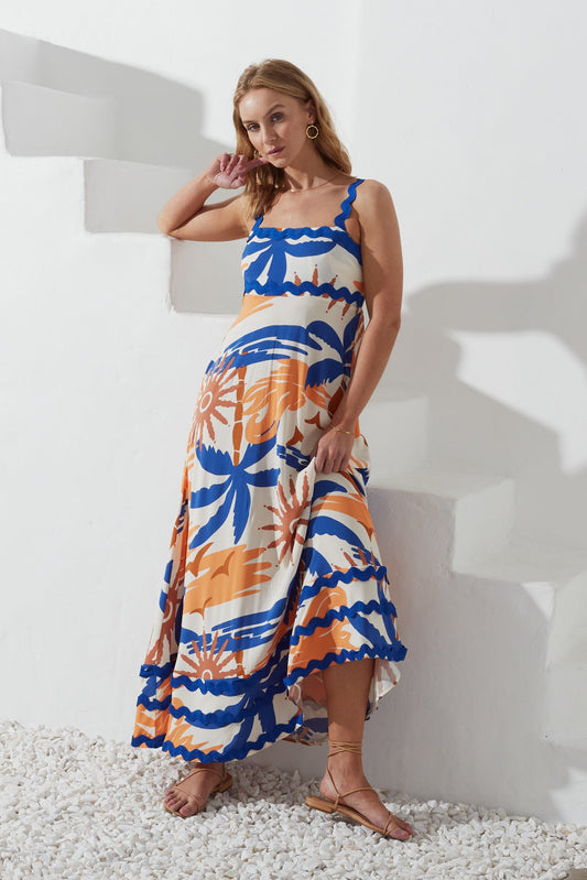 Heychic Tropicana Orange Abstract Ric Rac Maxi Dress (Blue)