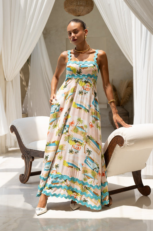 HEYCHIC Beach Pink Abstract Ric Rac Maxi Dress (Club)