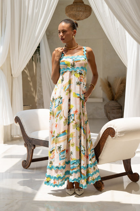 Image of Dresses. Productname: Beach Club Pink Abstract Ric Rac Maxi Dress in Pink colour by brand - HEYCHIC