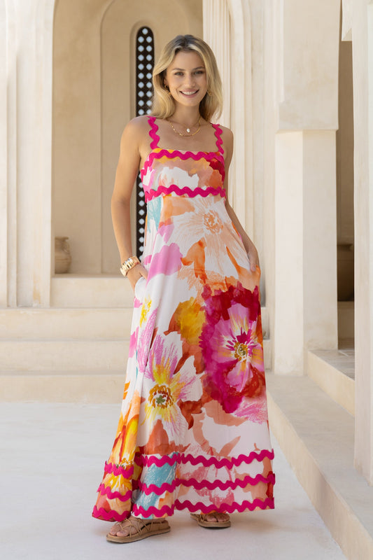 HEYCHIC Genevieve Pink Ric Rac Maxi Dress (Floral)