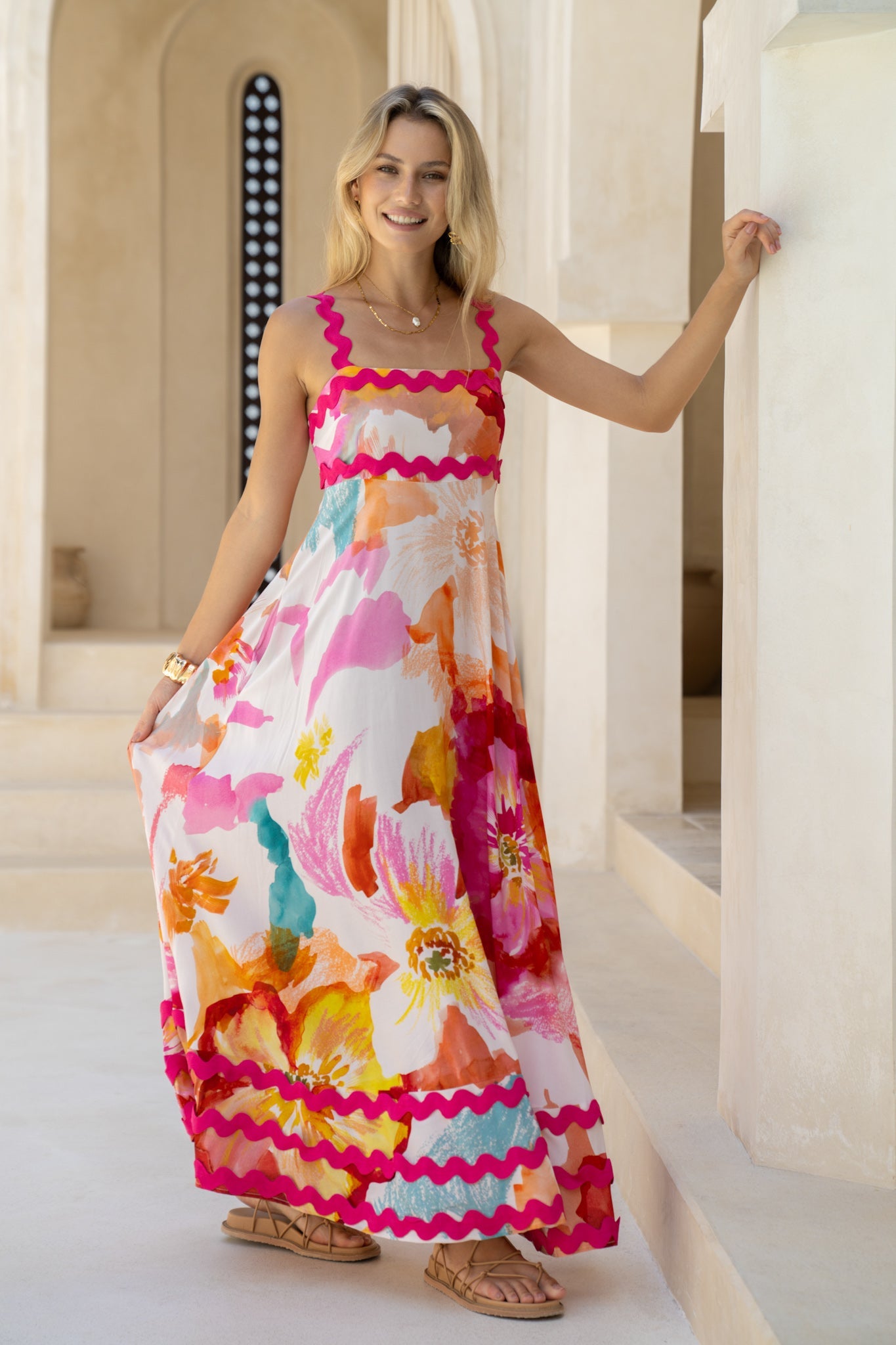 HEYCHIC Genevieve Pink Ric Rac Maxi Dress (Floral)