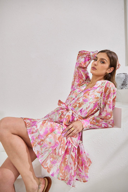 Image of Dresses. Product name - Anthea Pink Floral Long Sleeve Mini Dress in Floral colour by brand - Heychic
